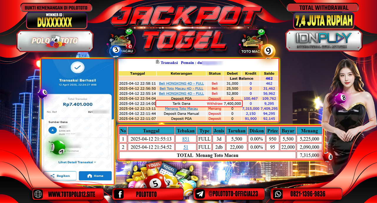POLOTOTO JACKPOT TOGEL TOTO MACAU  Rp.7.400.000,- LUNAS