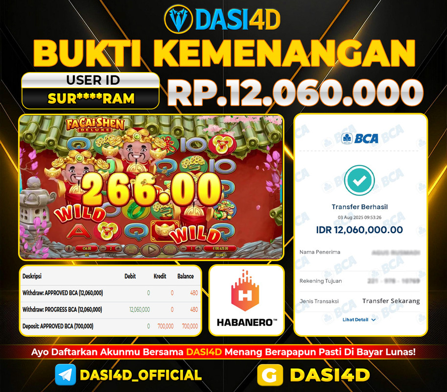 BUKTI KEMENANGAN 03 AGUSTUS DI FACAISHEN DELUXE WD 12.060.000
