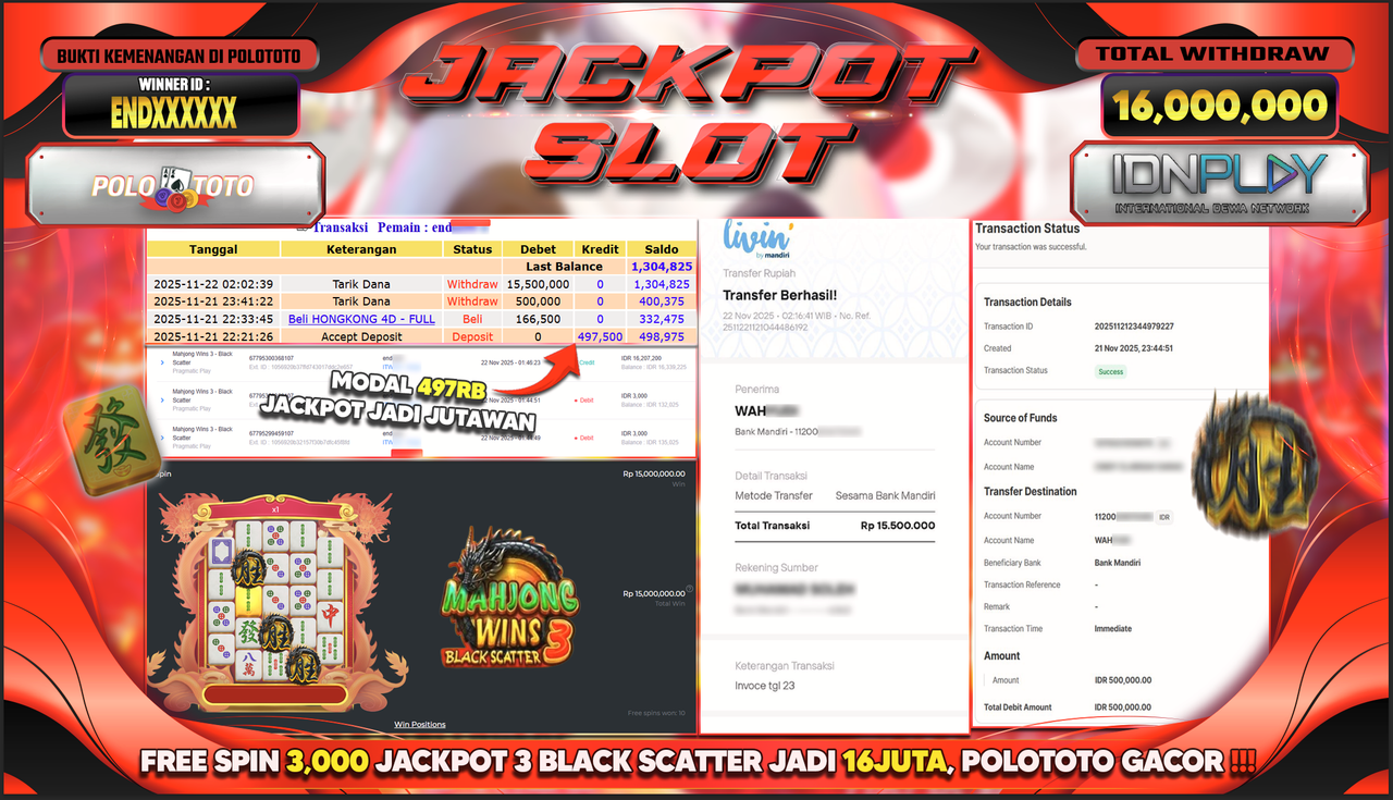 POLOTOTO JACKPOT SLOT MAHJONG WINS 3 - BLACK SCATTER Rp.16.000.000,- LUNAS