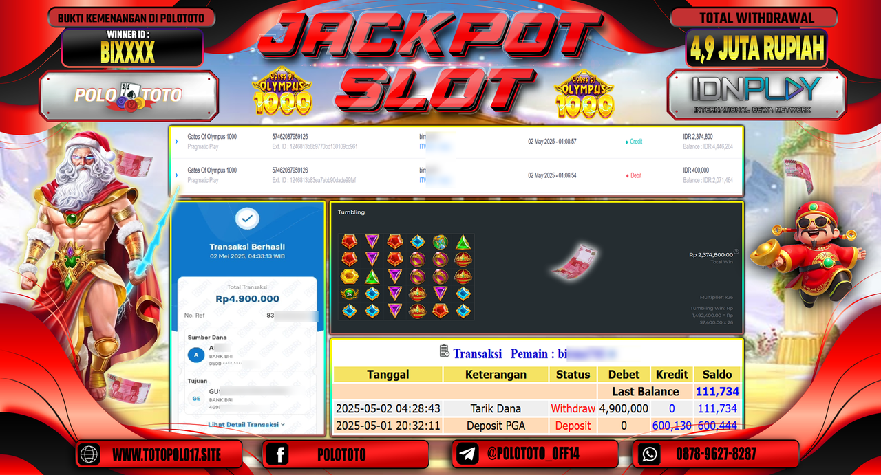 POLOTOTO JACKPOT SLOT GATES OF OLYMPUS 1000 Rp.4.900.000,-