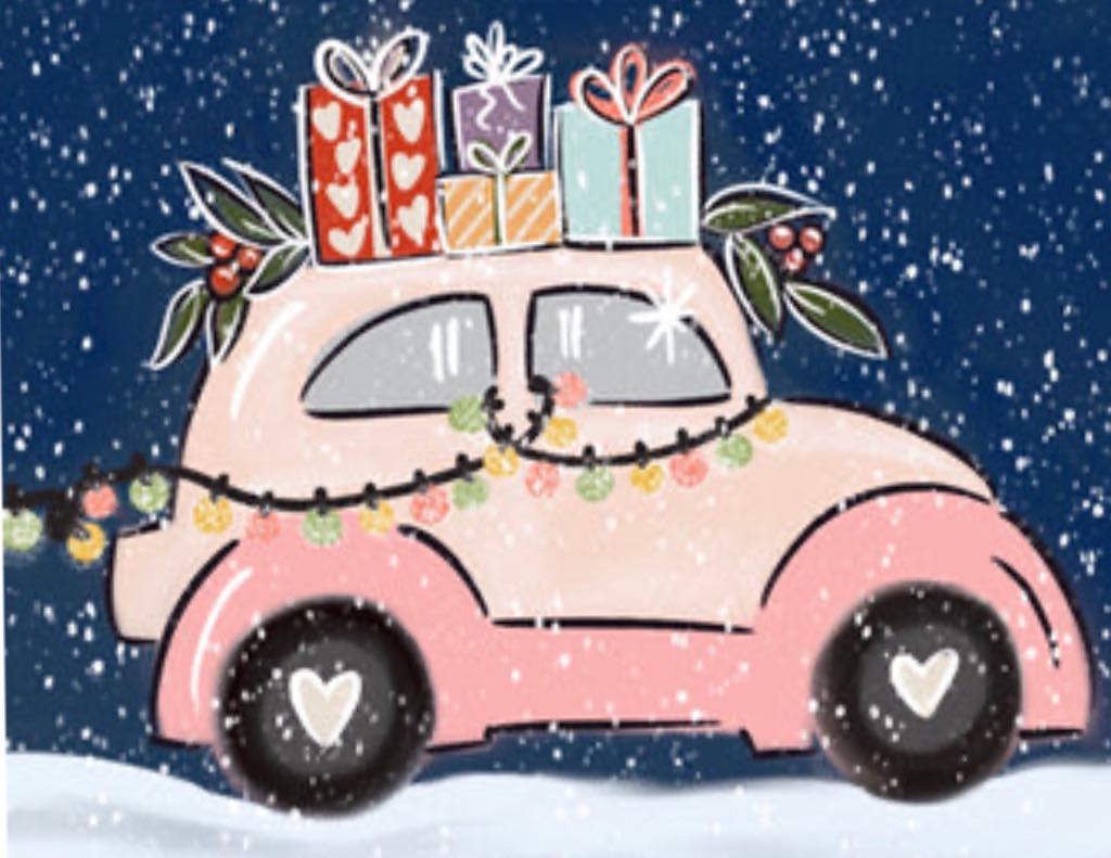 Dec 23rd 10a Car of presents 9x12 black canvas (can paint black beforehand) and white sharpie or whi