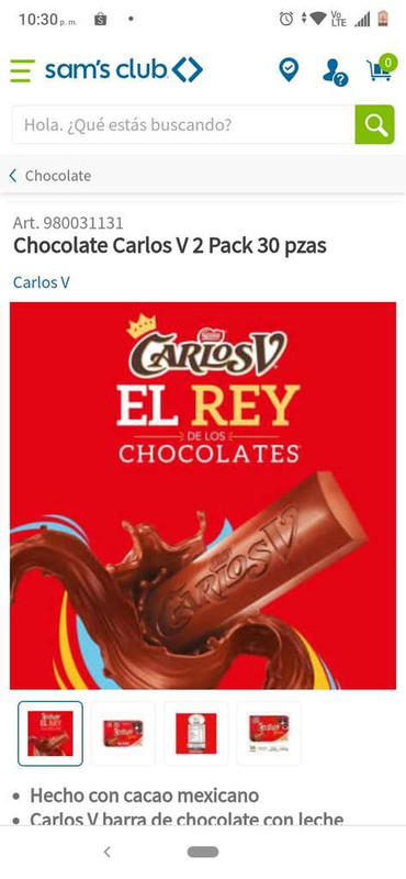 Sam's club en línea chocolate Carlos V 30 piezas en $80