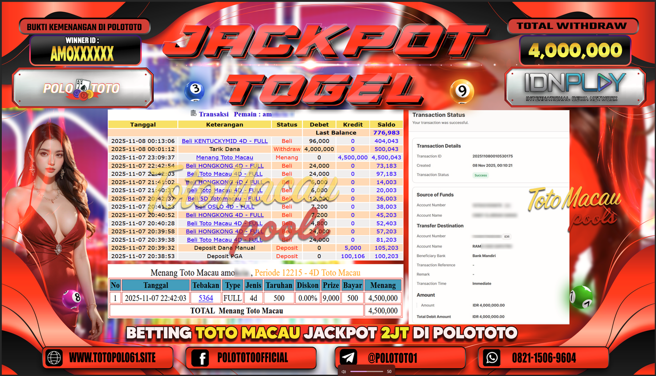 POLOTOTO JACKPOT TOGEL MENANG TOTO MACAU Rp.4.000.000,- LUNAS