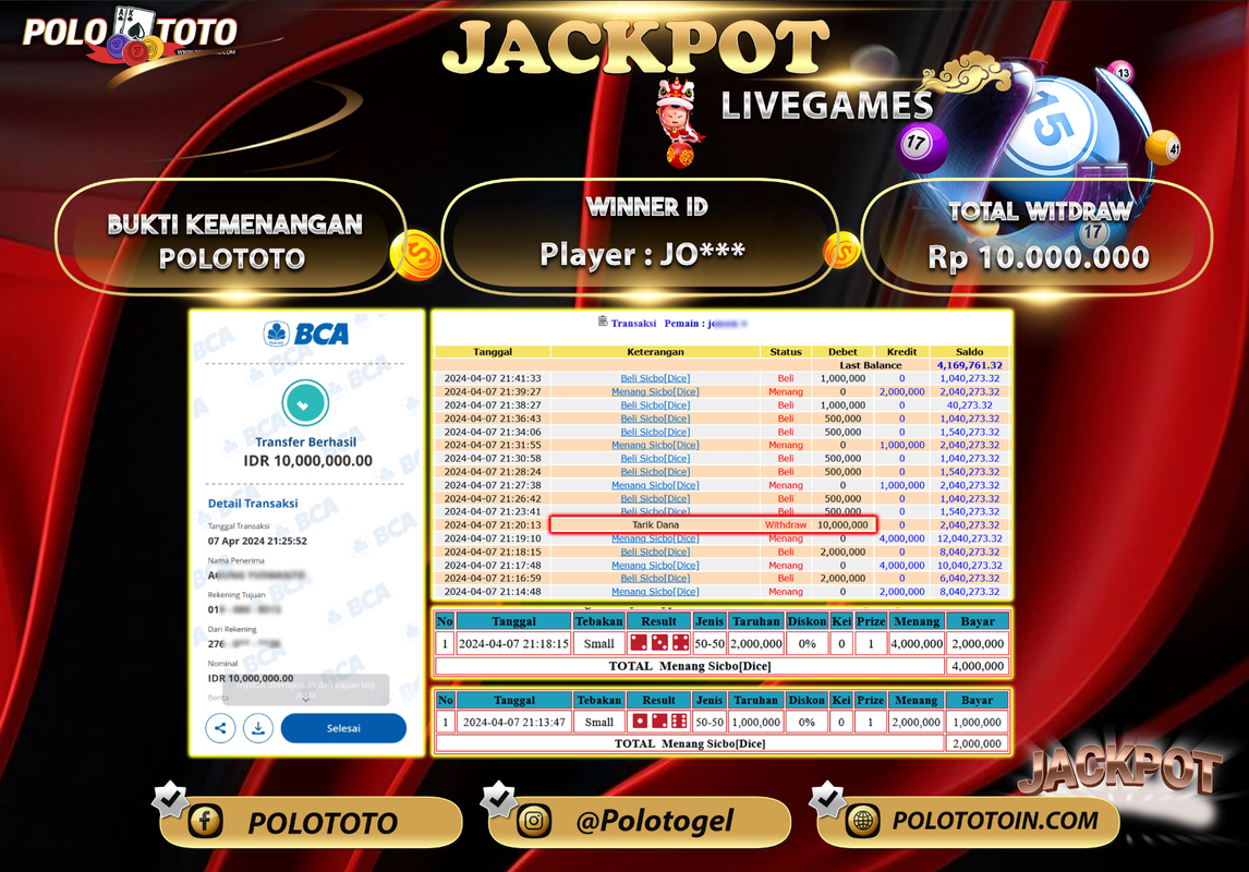 POLOTOTO BUKTI JACKPOT LIVE GAME CASINO  Rp10.000.000,-