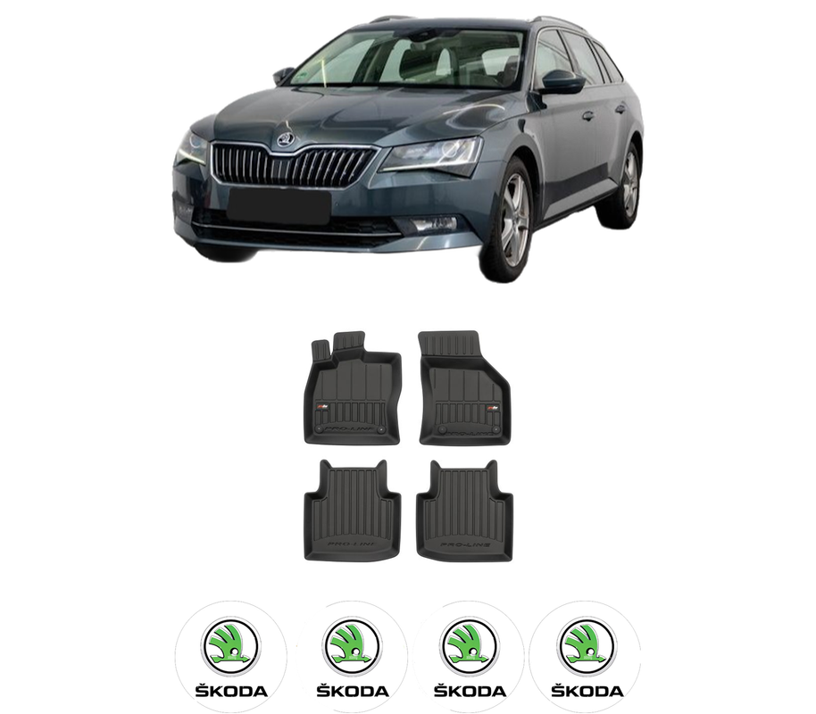 Set covorase presuri SKODA SUPERB III Estate (3V5) din 2015-2024, auto, din cauciuc thermoplastic, 4 Stickere auto cu SKODA