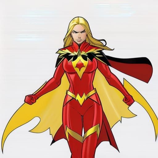 Blonde superheroine in red costume with yellow cape resembling wings made of flames