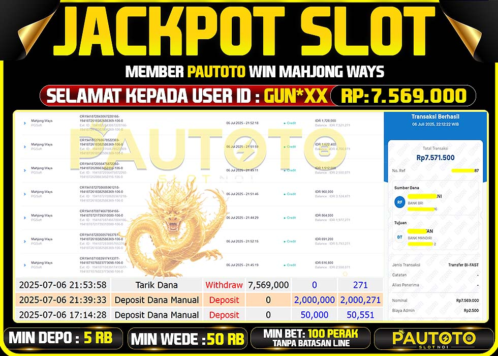 BUKTI PEMBAYARAN TGL 6 JULY 2025 MENANG DI PERMAINAN MAHJONG WAYS  TOTAL WD 7 JUTAAN