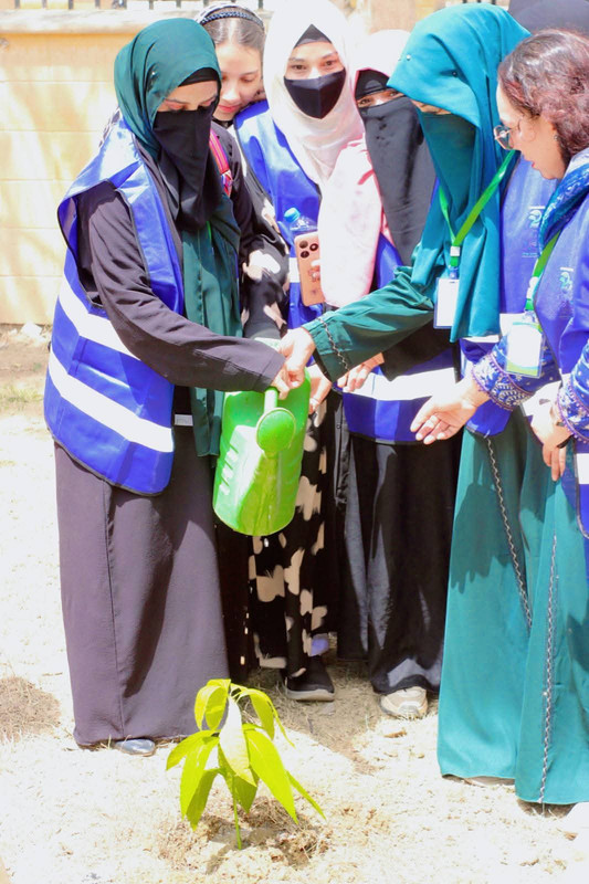 Student volunteers watering trees