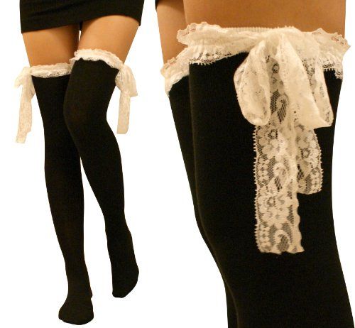 thigh high black stockings with lace trim and lace bows on the side