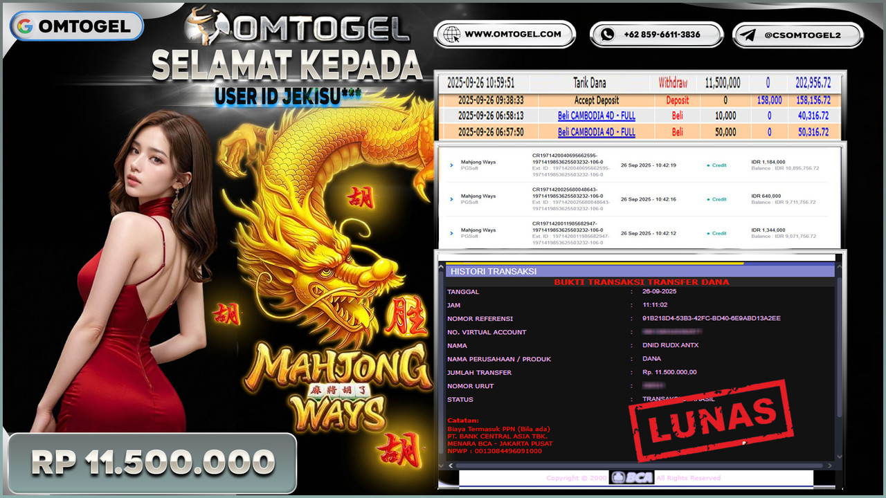 OMTOGEL JACKPOT PGSOFT MAHJONG WAYS 11 JUTA DI BAYAR LUNAS ,-