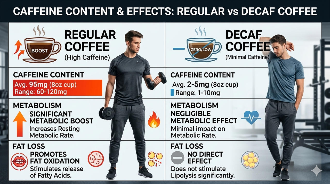 Comparison chart of caffeine content in regular coffee vs decaf and their effects on metabolism fat loss and chlorogenic acid benefits