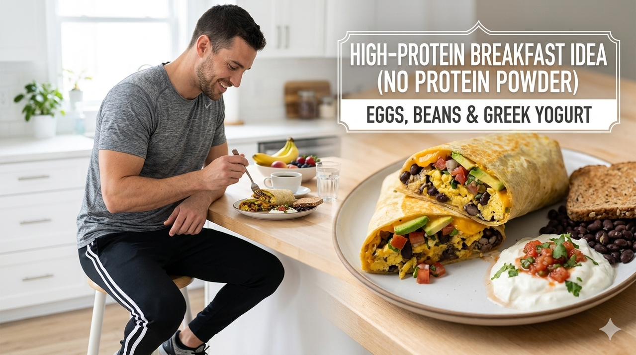 Breakfast burrito with eggs, beans, and Greek yogurt on plate for best high-protein breakfast ideas without protein powder