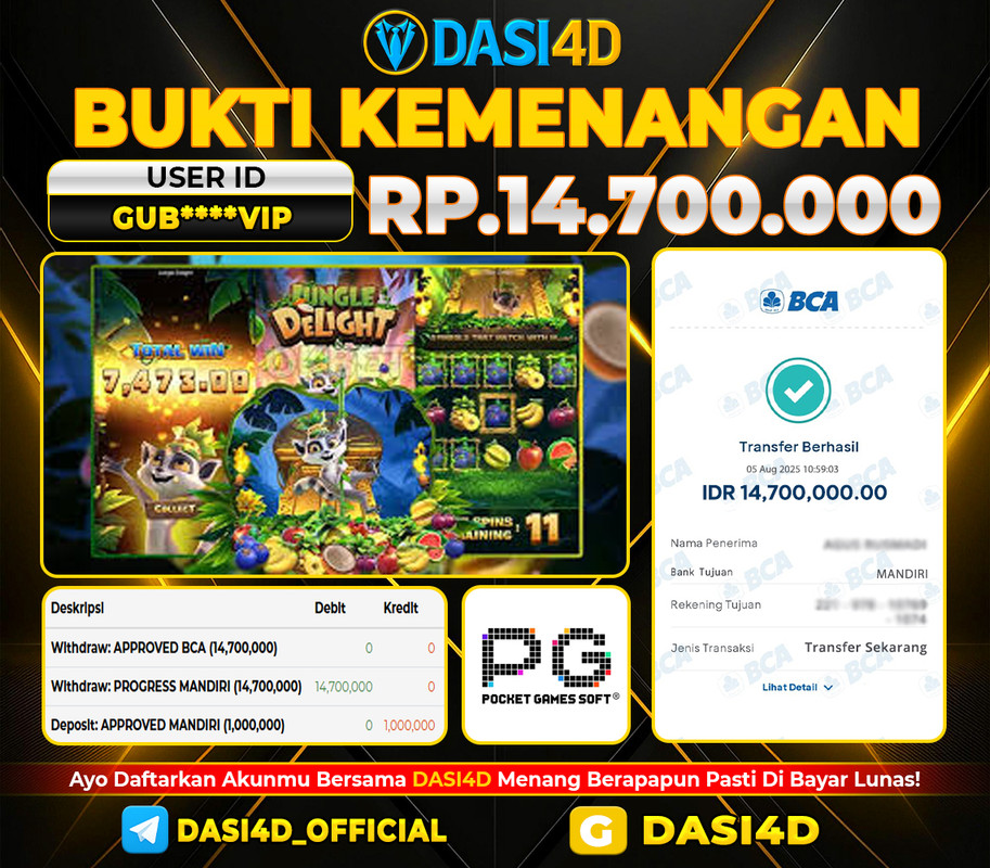 BUKTI KEMENANGAN 05 AGUSTUS DI JUNGLE DELIGHT WD 14.700.000