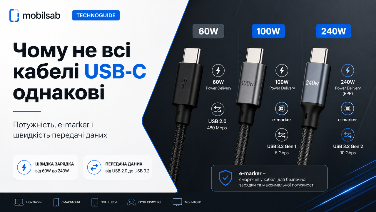 Порівняння кабелів USB-C за потужністю, e-marker та швидкістю передачі даних