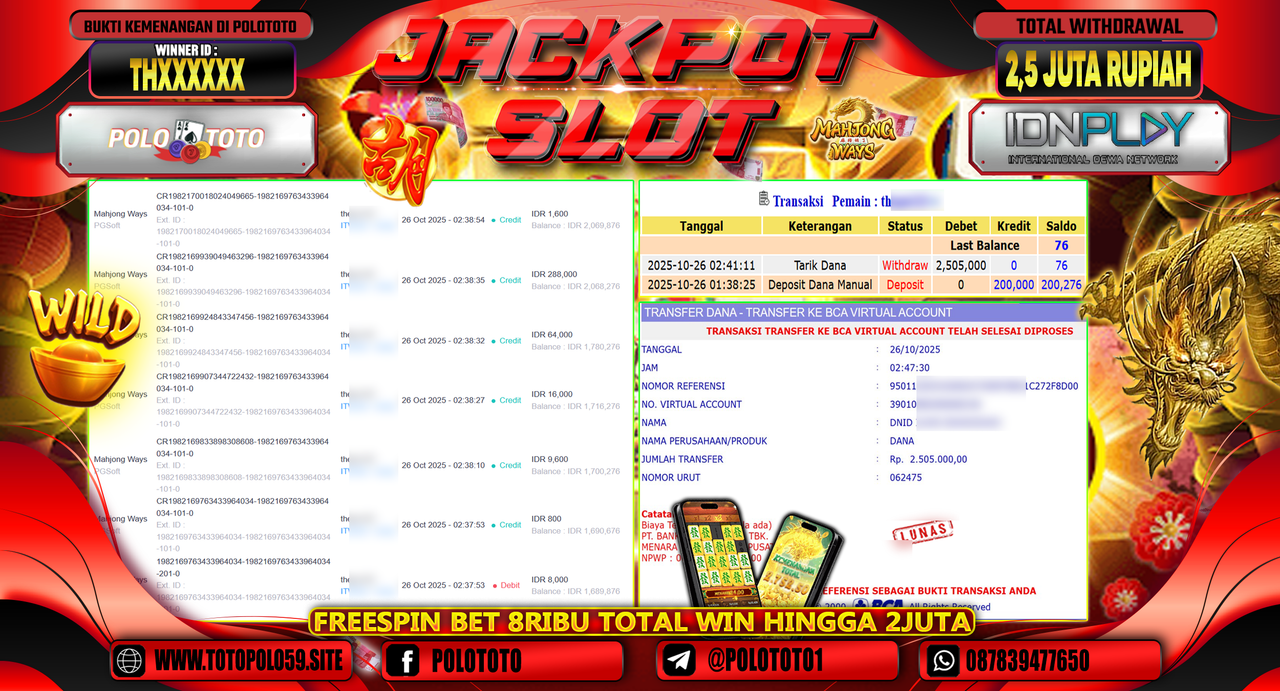 POLOTOTO JACKPOT SLOT MAHJONG WAYS Rp.2.500.000,- LUNAS