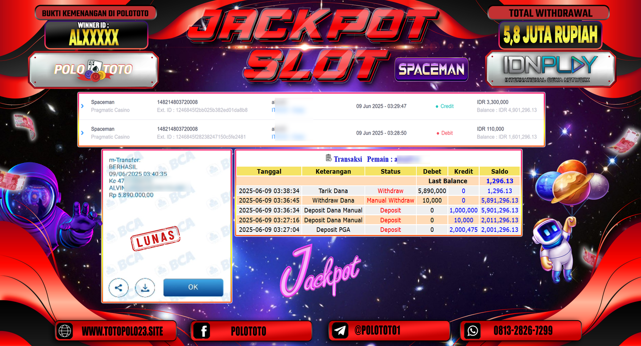 POLOTOTO JACKPOT SLOT SPACEMAN Rp.5.890.000,-