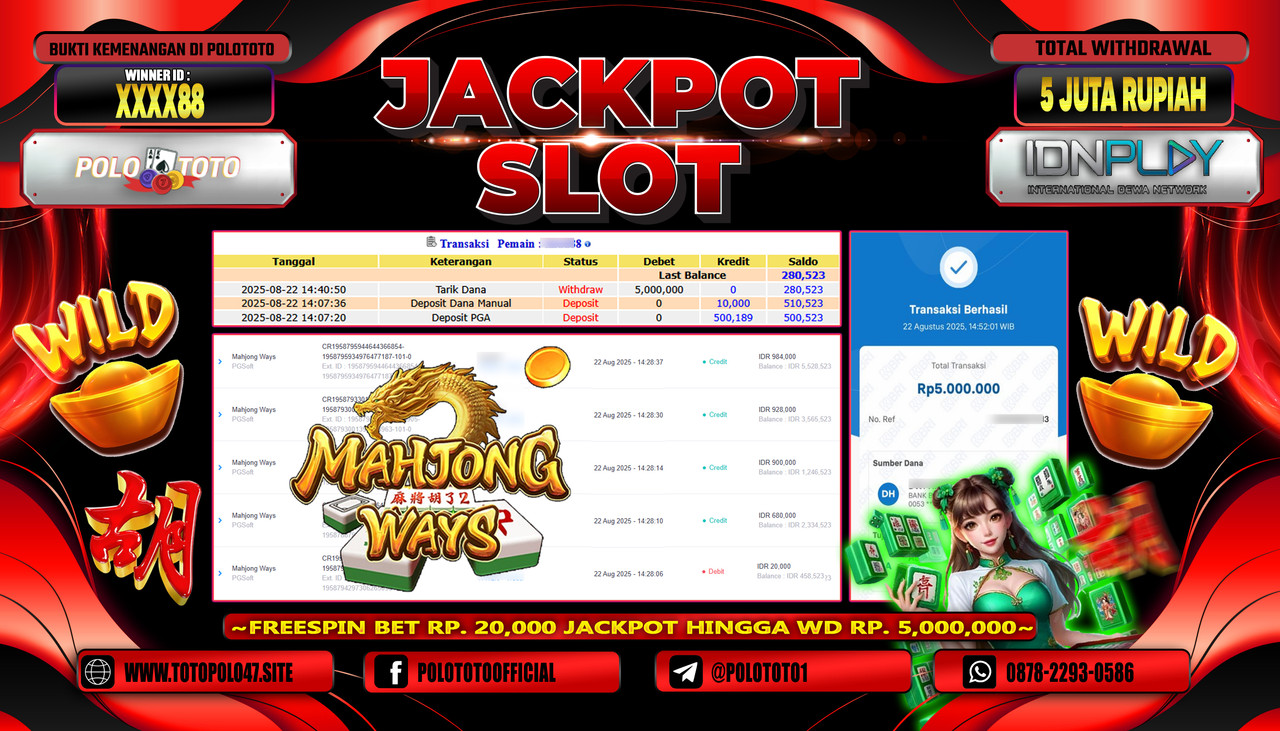 POLOTOTO JACKPOT SLOT MAHJONG WAYS Rp.5.000.000,- LUNAS