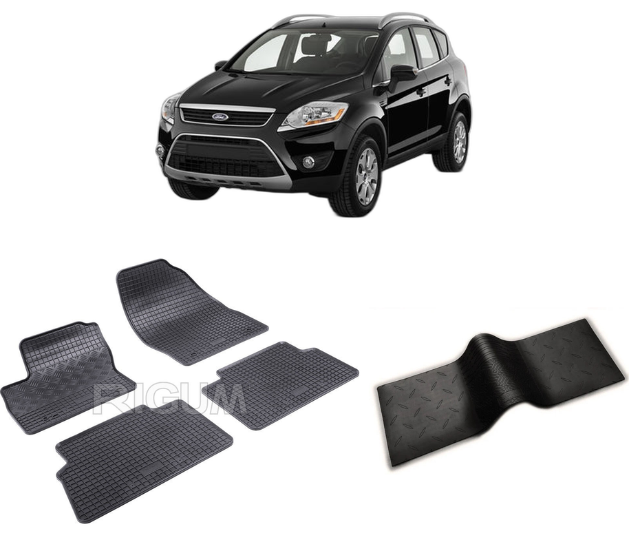 Set covorase auto FORD KUGA I din 02.2008-01.2013, cu covoras tunel median, CAROSERIE SUV, Presuri cauciuc 100%, compatibil cu autoturismul FORD KUGA I, Rigum