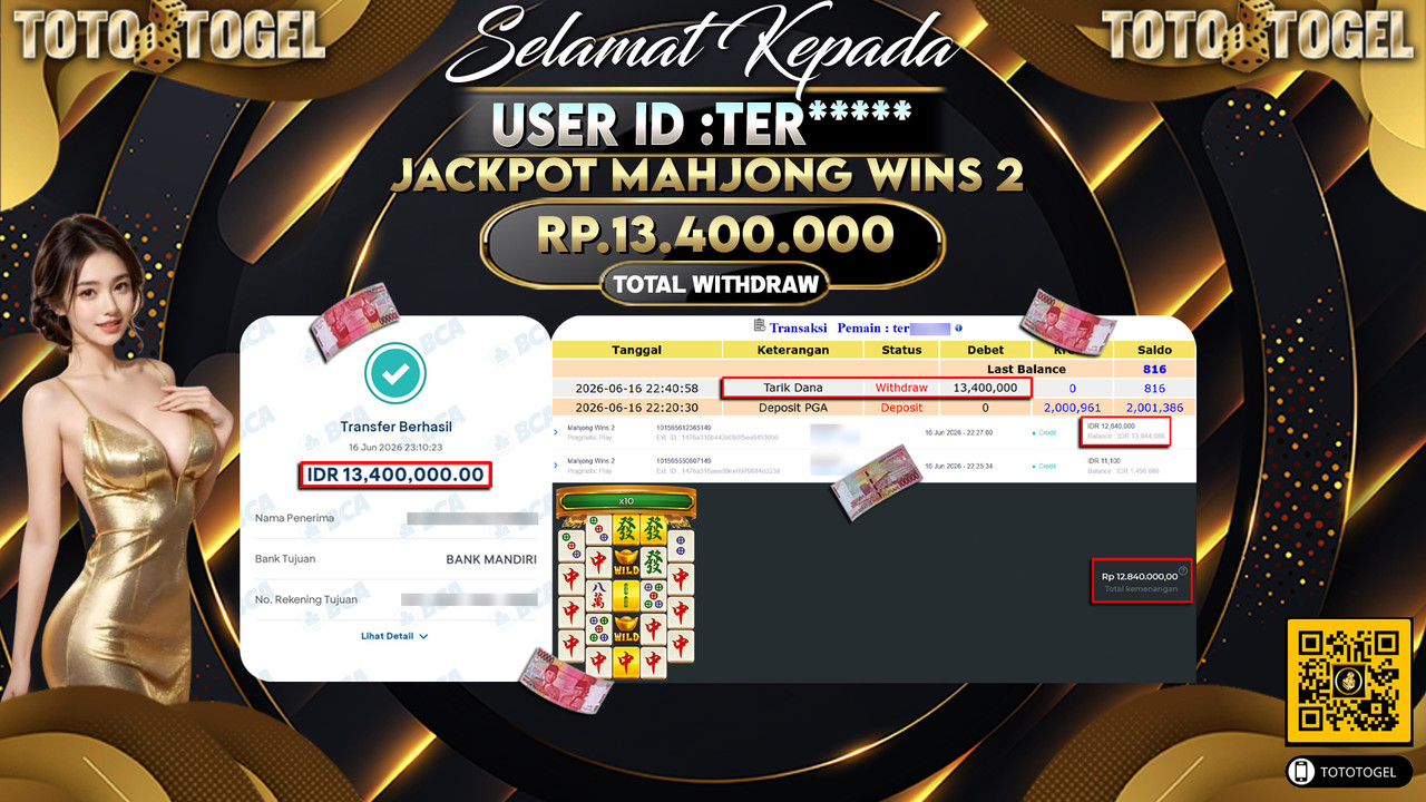 Bukti Pembayaran Jackpot Permainan Slot Mahjong Wins 2 ID:TER*****LUNAS