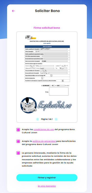 firma para solicitar el bono cultural