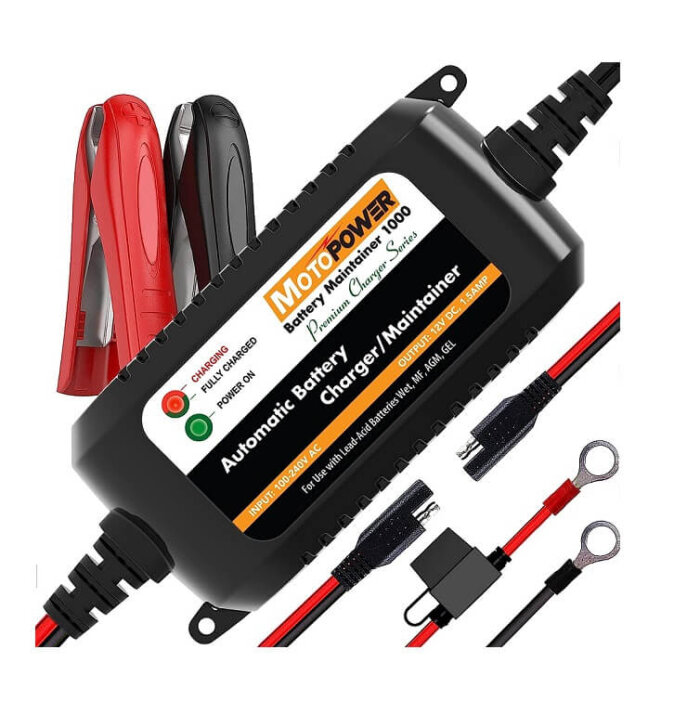 Mantenedor de batería inteligente de 12v con clips de cocodrilo.