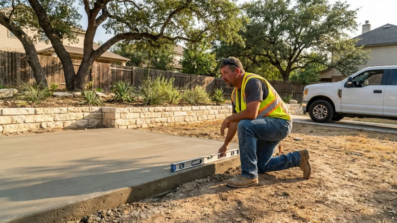 Concrete contractor kneeling to inspect a patio slab checking base stability and drainage in a San Antonio backyard during a free estimate visit