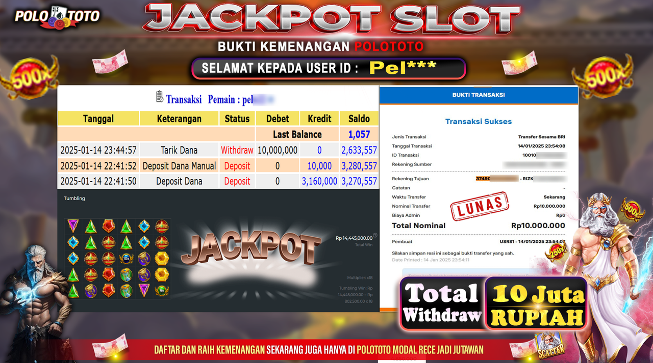 POLOTOTO JACKPOT SLOT GATES OF OLYMPUS 1000 Rp.10,000.000,-