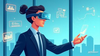 Ilustrasi futuristik yang menunjukkan konsep teknologi Augmented Reality (AR), dengan elemen-elemen visual canggih yang menciptakan pengalaman dunia maya interaktif.