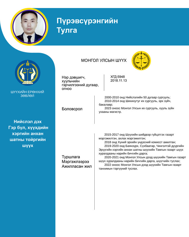 Нийслэл дэх Гэр бүл, хүүхдийн хэргийн анхан шатны тойргийн шүүхийн шүүгчид нэр дэвшигч П.Тулгын мэргэжлийн үйл ажиллагааны танилцуулга