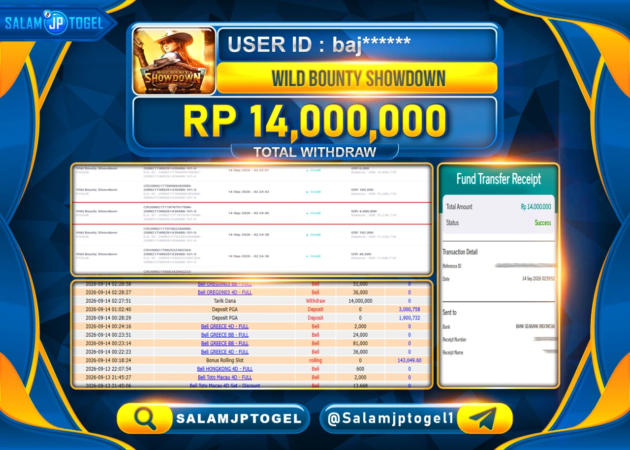 SALAMJPTOGEL JACKPOT MENANG SLOT WILD BOUNTY SHOWDOWN Rp.14,000,000 - LUNAS