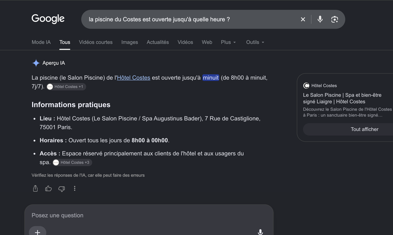 Réponse IA de Google sur les horaires de la piscine