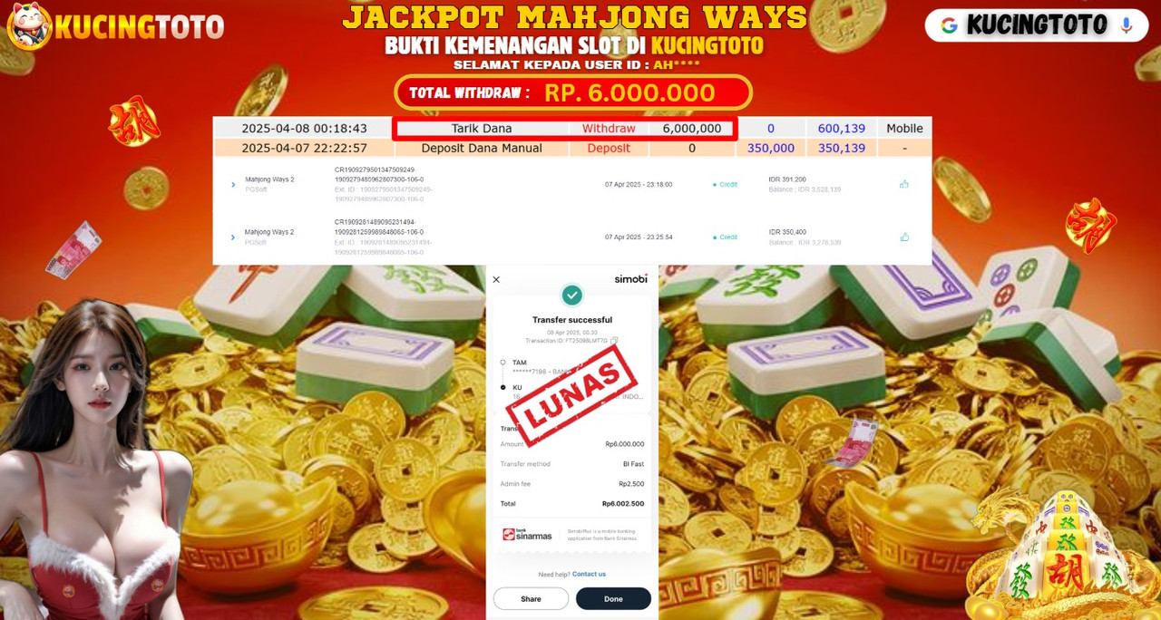 KUCINGTOTO JACKPOT SLOT MAHJONG WAYS RP.6.000.000.,- LUNAS