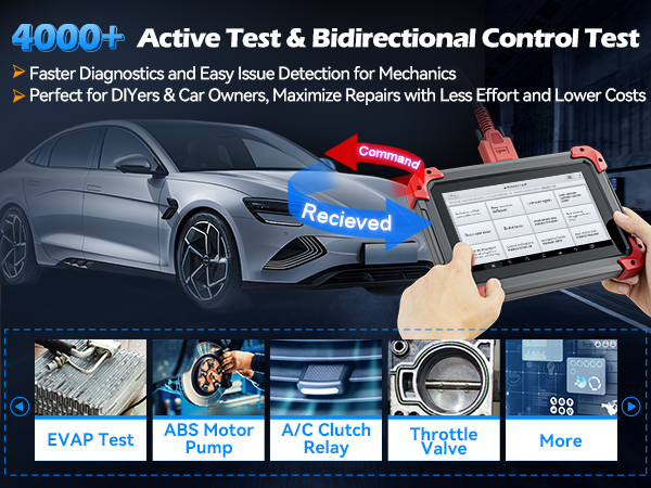 XTOOL D7 showcasing 4000+ Active Tests and Bidirectional Control Test on a vehicle
