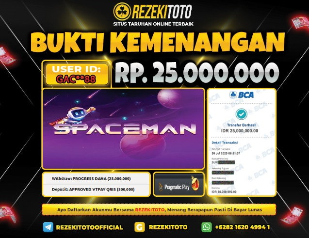 BUKTI KEMENANGAN 30 JULI 2025 SPACEMAN 25 JUTA 