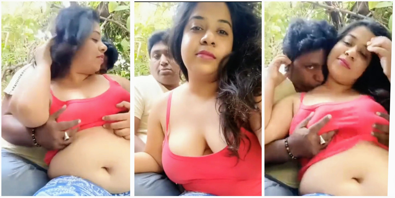 Cute desi couple husband pressing her boob in jungle outdoor fun