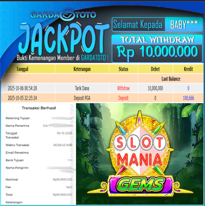 JACKPOT DI PERMAINAN SLOT Slot Mania Gems WD Rp10.000.000,- DIBAYAR LUNAS GARDATOTO MANTAP!