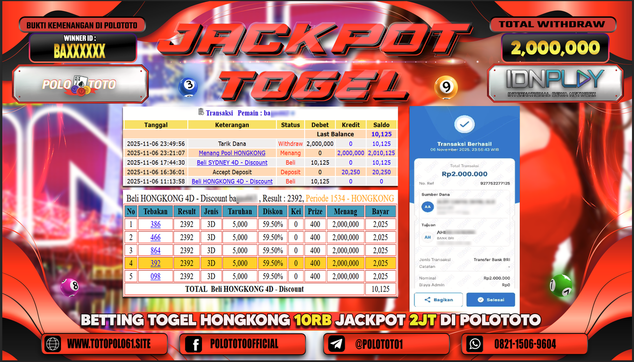 POLOTOTO JACKPOT TOGEL MENANG HONGKONG LOTTO Rp.2.000.000,- LUNAS