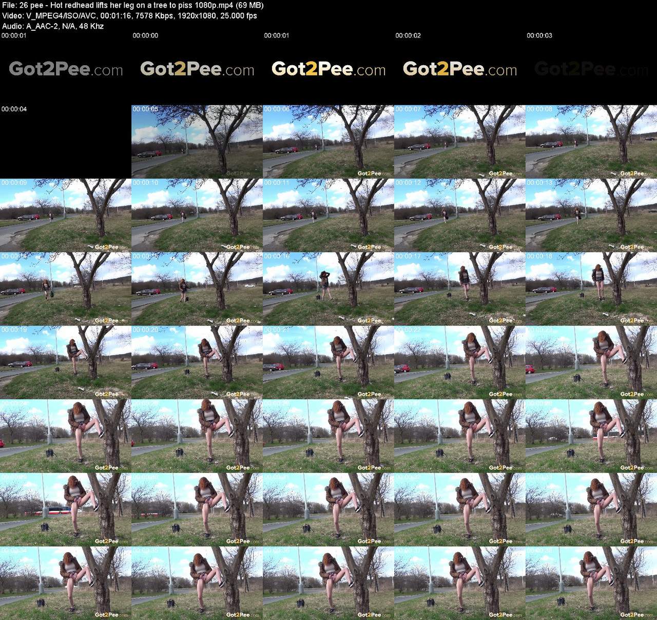 26 pee Hot redhead lifts her leg on a tree to piss 1080p
