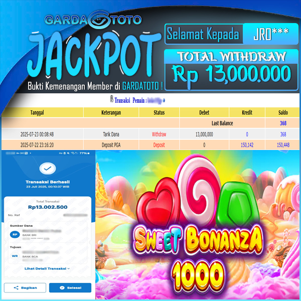 JACKPOT DI PERMAINAN  SLOT PRAGMATIC PLAY SWEET BONANZA 1000 WD Rp 13,000,000 DIBAYAR LUNAS GARDATOTO MANTAP !