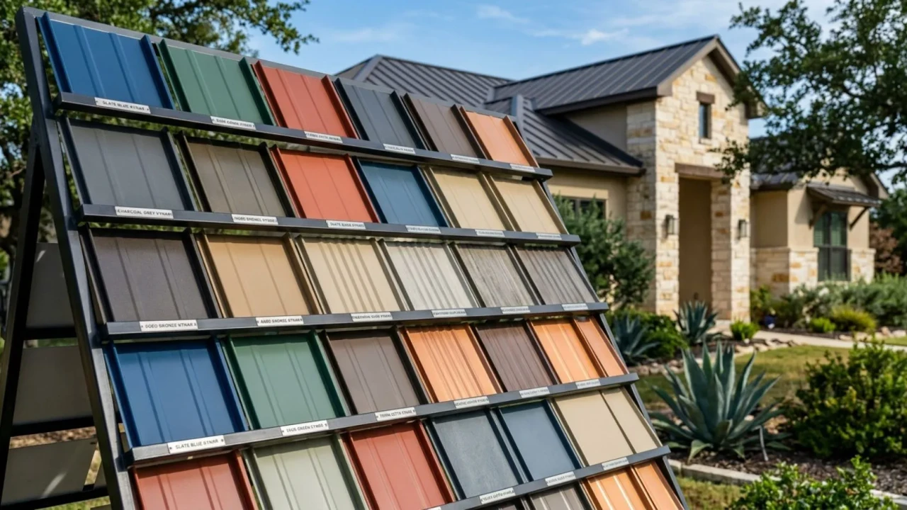 Range of coated metal roofing panel color samples with Kynar finish for San Antonio homes