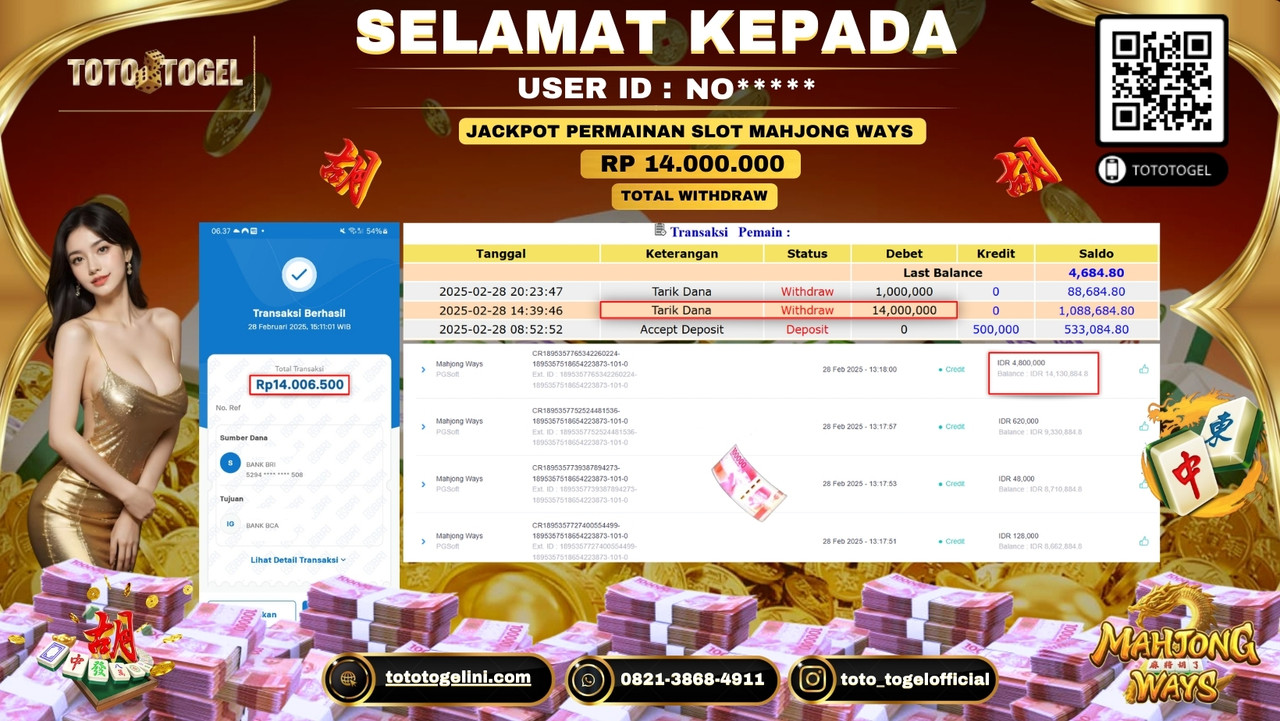 Bukti Pembayaran Jackpot  Permainan Slot Mahjong Ways  ID:NO***** LUNAS
