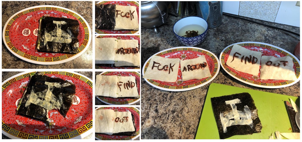 Nori cover ornamented with tofu skin, corn tortilla pages and mushroom letters attached with umiboshi paste, bound with cilantro stems.