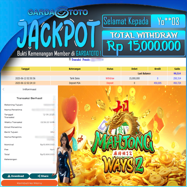 JACKPOT DI PERMAINAN  SLOT PG SOFT MAHJONG WAYS 2 WD Rp 15.000.000,- DIBAYAR LUNAS GARDATOTO MANTAP !