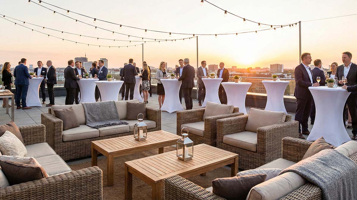 Смешанная рассадка на открытой террасе: коктейльные столы и лаунж-зона