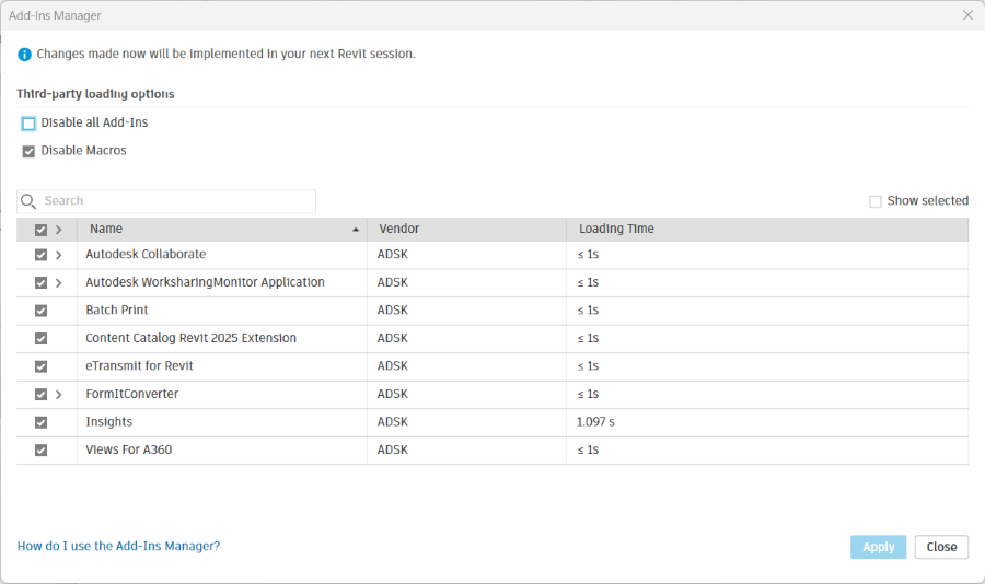 Revit add-in load dialog