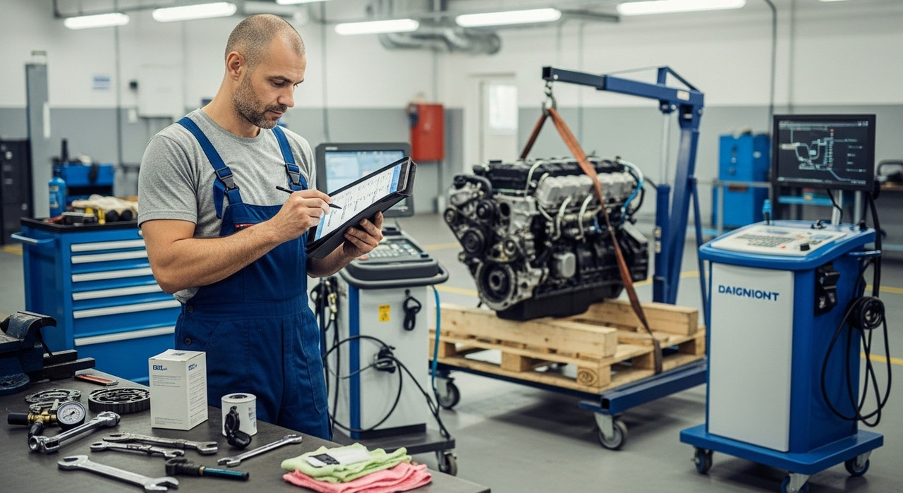 Механик заполняет чек-лист диагностики дизельного двигателя в сервисной зоне, рядом запчасти и фильтры, для профилактики поломок и планового обслуживания