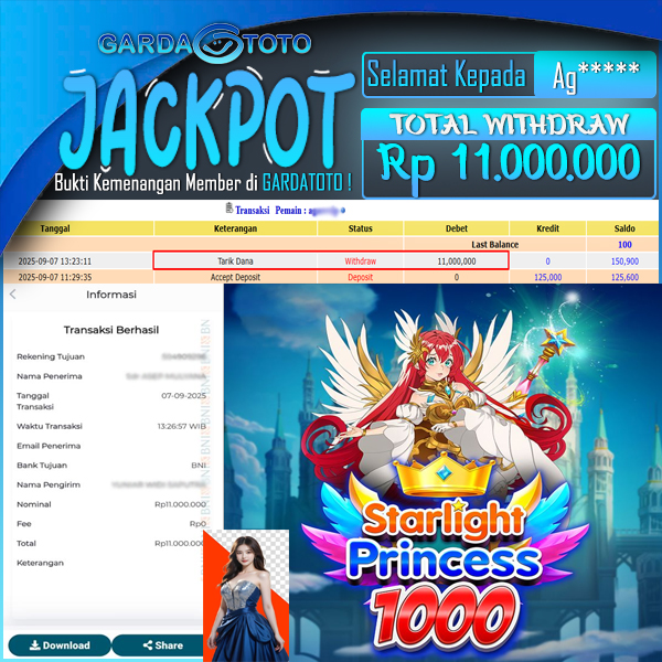 JACKPOT DI PERMAINAN  SLOT PRAGMATIC PLAY STARLIGHT PRINCESS 1000  WD Rp 11.000.000,- DIBAYAR LUNAS GARDATOTO MANTAP !