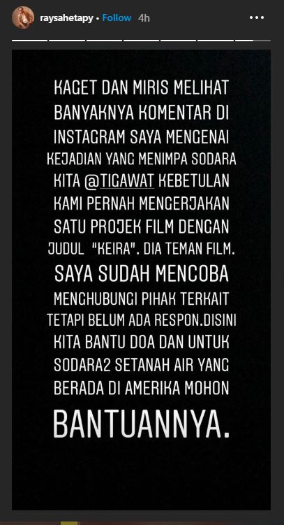 Insta story Ray Sahetapy yang meminta bantuan seluruh WNI di Amerika untuk menolong Tiga Setia Gara