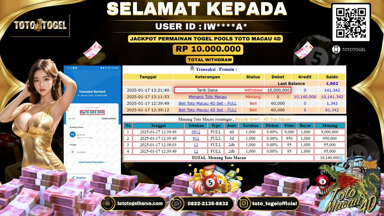 Bukti Pembayaran Jackpot  Permainan Togel Pools Toto Macau 4D  :IW****A*  LUNAS