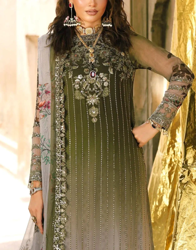 Moss-Green Dip-Dye Chiffon Unstitched 3-Pc Mehndi Dress – Zari & Pearl Work PAKISTAN